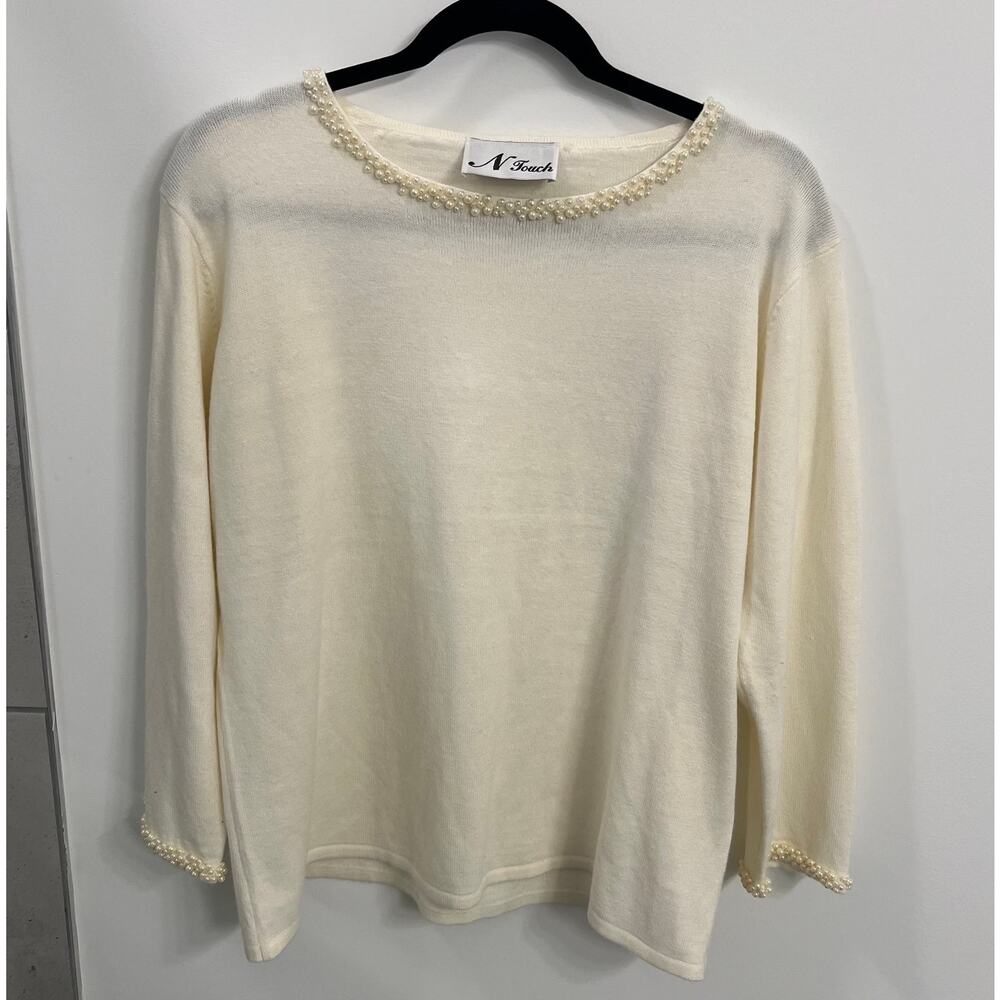 N Touch Vintage Winter Pearl-Trim Knit Sweater, Off-White, 3/4 Sleeves, Large